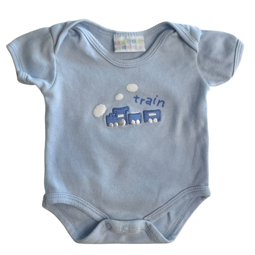 Baby boy newborn blue onesie with embroidered train